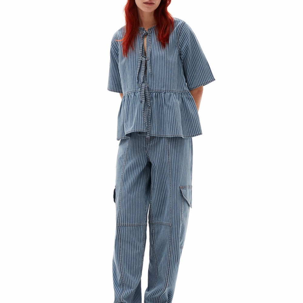 GANNI Light Stripe Denim Peplum Blouse